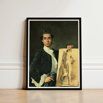 Self Portrait Holding a Nude Study - Luis Egidio Melendez Art Print / Canvas Black-framed Young Man 18th-century Attire Sketch, Artist’s