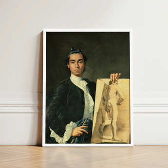 Self Portrait Holding a Nude Study - Luis Egidio Melendez Art Print / Canvas Framed Young Man Dark Velvet Attire White, Artist’s Profound