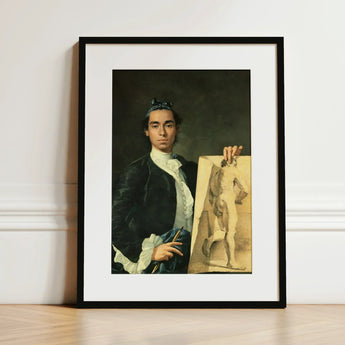 Self Portrait Holding a Nude Study - Luis Egidio Melendez Art Print / Canvas Black-framed Young Man Period Attire Sketch, Artist’s Profound