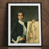 Self Portrait Holding a Nude Study - Luis Egidio Melendez Art Print / Canvas Black-framed Man Dark Velvet Attire White, Artist’s Profound