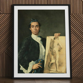 Self Portrait Holding a Nude Study - Luis Egidio Melendez Art Print / Canvas Black-framed Man Dark Velvet Attire White, Artist’s Profound