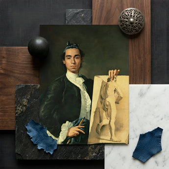 Self Portrait Holding a Nude Study - Luis Egidio Melendez Art Print / Canvas Vintage-style Man Dark Velvet White Lace, Artist’s Profound