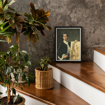 Self Portrait Holding a Nude Study - Luis Egidio Melendez Art Print, Framed Portrait Young Person Sketch Wooden Surface Among