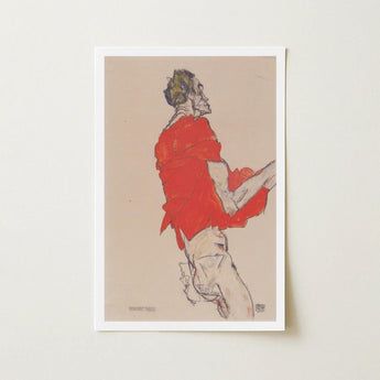 Self Portrait in a Red Shirt - Egon Schiele Art Print / Canvas Framed Stylized Red-draped Figure Motion Beige Twists, Raw Silhouette, Prints