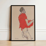 Self Portrait in a Red Shirt - Egon Schiele Art Print / Canvas Framed Artwork Stylized Figure Vibrant Attire Beige Twists, Raw Silhouette,