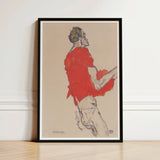 Self Portrait in a Red Shirt - Egon Schiele Art Print / Canvas Framed Artwork Stylized Figure Vibrant Attire Beige Twists, Raw Silhouette,