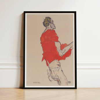 Self Portrait in a Red Shirt - Egon Schiele Art Print / Canvas Framed Artwork Stylized Figure Vibrant Attire Beige Twists, Raw Silhouette,