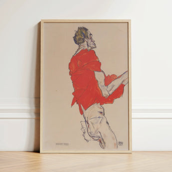 Self Portrait in a Red Shirt - Egon Schiele Art Print / Canvas Framed Artwork Stylized Figure Vibrant Attire Beige Twists, Raw Silhouette,