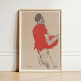 Self Portrait in a Red Shirt - Egon Schiele Art Print / Canvas Framed Artwork Stylized Figure Vibrant Attire Beige Twists, Raw Silhouette,