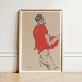 Self Portrait in a Red Shirt - Egon Schiele Art Print / Canvas Framed Artwork Stylized Figure Vibrant Attire Beige Twists, Raw Silhouette,