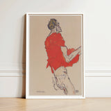Self Portrait in a Red Shirt - Egon Schiele Art Print / Canvas Framed Stylized Figure Vibrant Attire Twists, Raw Silhouette, Prints