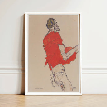 Self Portrait in a Red Shirt - Egon Schiele Art Print / Canvas Framed Stylized Figure Vibrant Attire Twists, Raw Silhouette, Prints