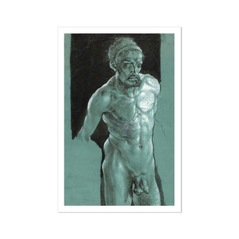 Self Portrait as a Nude - Albrecht Durer Art Print / Canvas Greenish-blue Statue Muscular Man Hair Beard Headband Young Albrecht, Durer Art