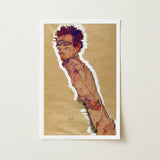 Self Portrait Nude - Egon Schiele Art Print / Canvas Framed Reproduction Schiele’s Expressive Painting Figure, Pigment Scrapes,
