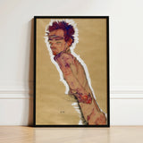 Self Portrait Nude - Egon Schiele Art Print / Canvas Framed Artwork Stylized Expressive Figure Spiky Reddish-purple, Pigment Scrapes,