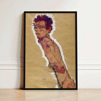 Self Portrait Nude - Egon Schiele Art Print / Canvas Framed Artwork Stylized Expressive Figure Spiky Reddish-purple, Pigment Scrapes,