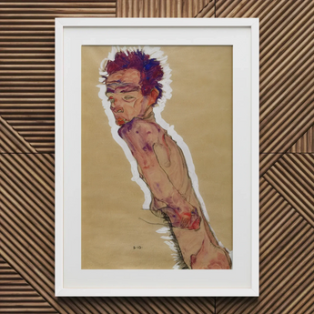 Self Portrait Nude - Egon Schiele Art Print / Canvas 20x30’’ / 51x76cm / White Frame / Matboard Framed Artwork Gaunt Shirtless Figure Messy
