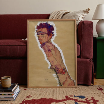 Self Portrait Nude - Egon Schiele Art Print / Canvas Framed Egon Schiele Painting Nude Figure Spiky Hair Art Print, Pigment Scrapes,