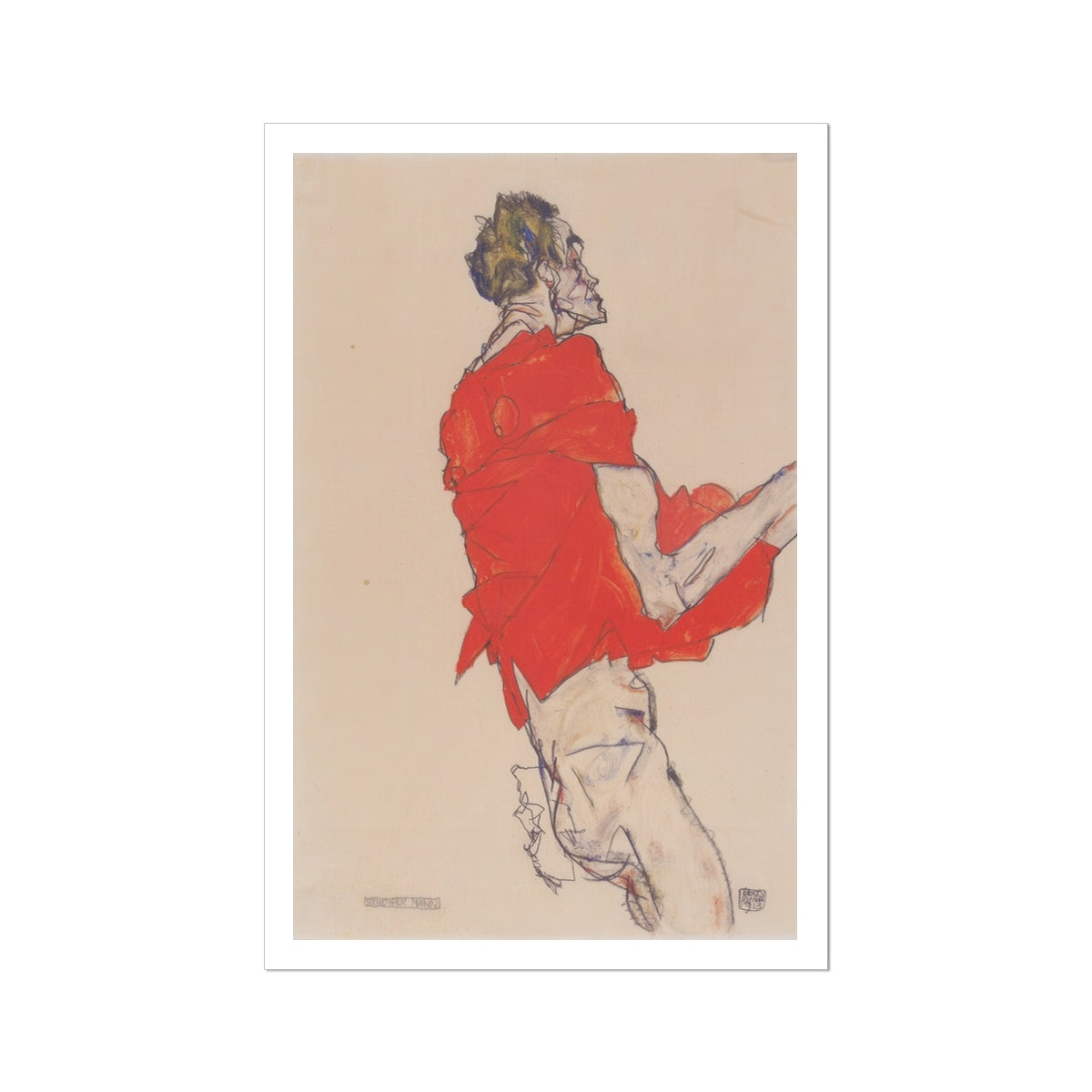 Self Portrait in a Red Shirt Egon Schiele Art Print, Expressive Male Figure Red Shirt