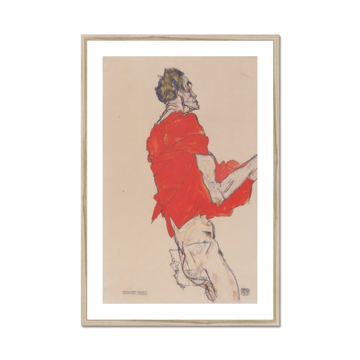 Self Portrait in a Red Shirt Egon Schiele Art Print, Framed Abstract Figure Red