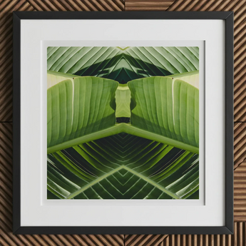Semaphore - Palm Frond Botanical Op Art Print, 12x12’’ / 31x31cm / Black Frame / 2’’ Matboard, Framed Abstract Artwork Mirrored Green