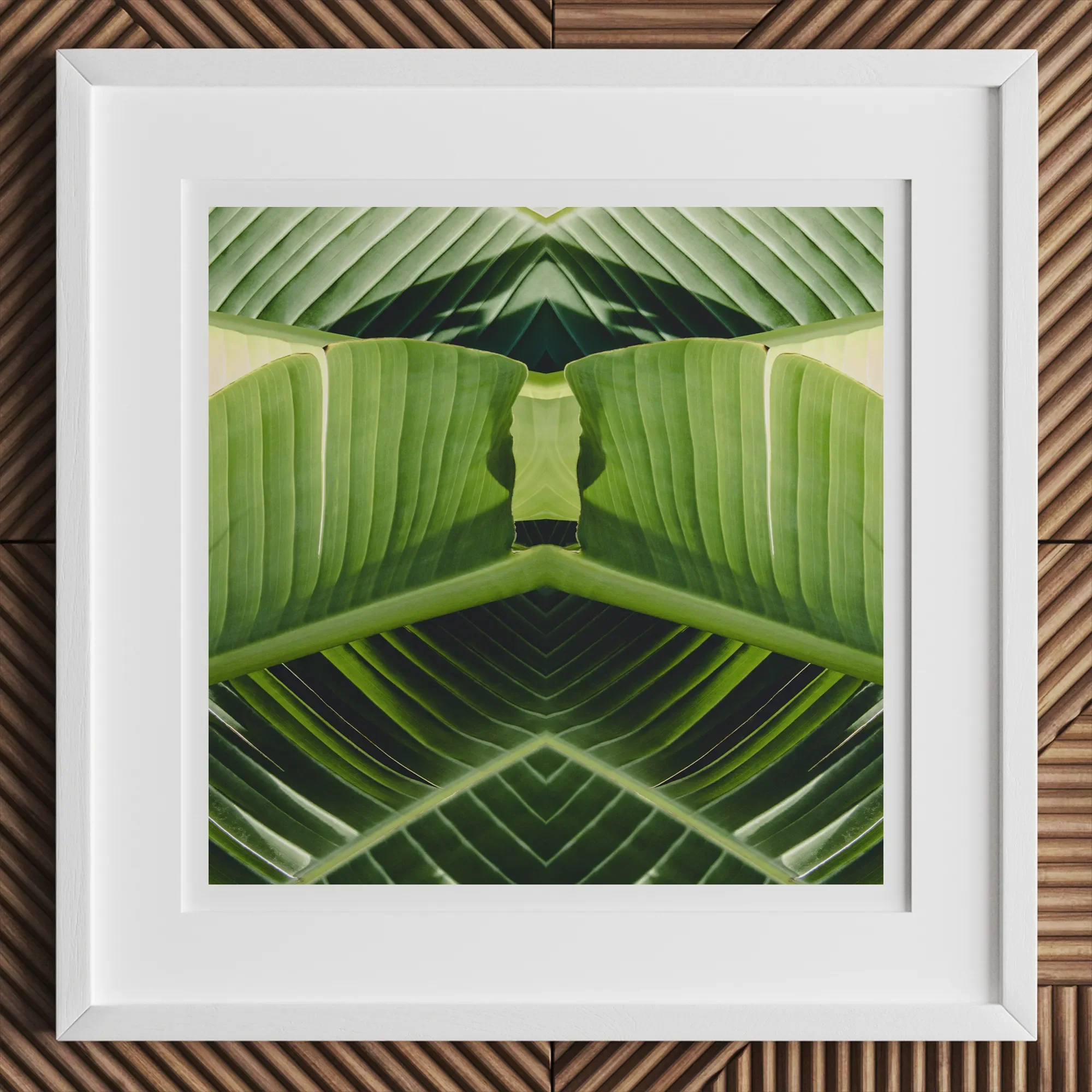 Semaphore - Palm Frond Botanical Op Art Print, 12x12’’ / 31x31cm / White Frame, Framed Abstract Art Print Green Banana Leaves