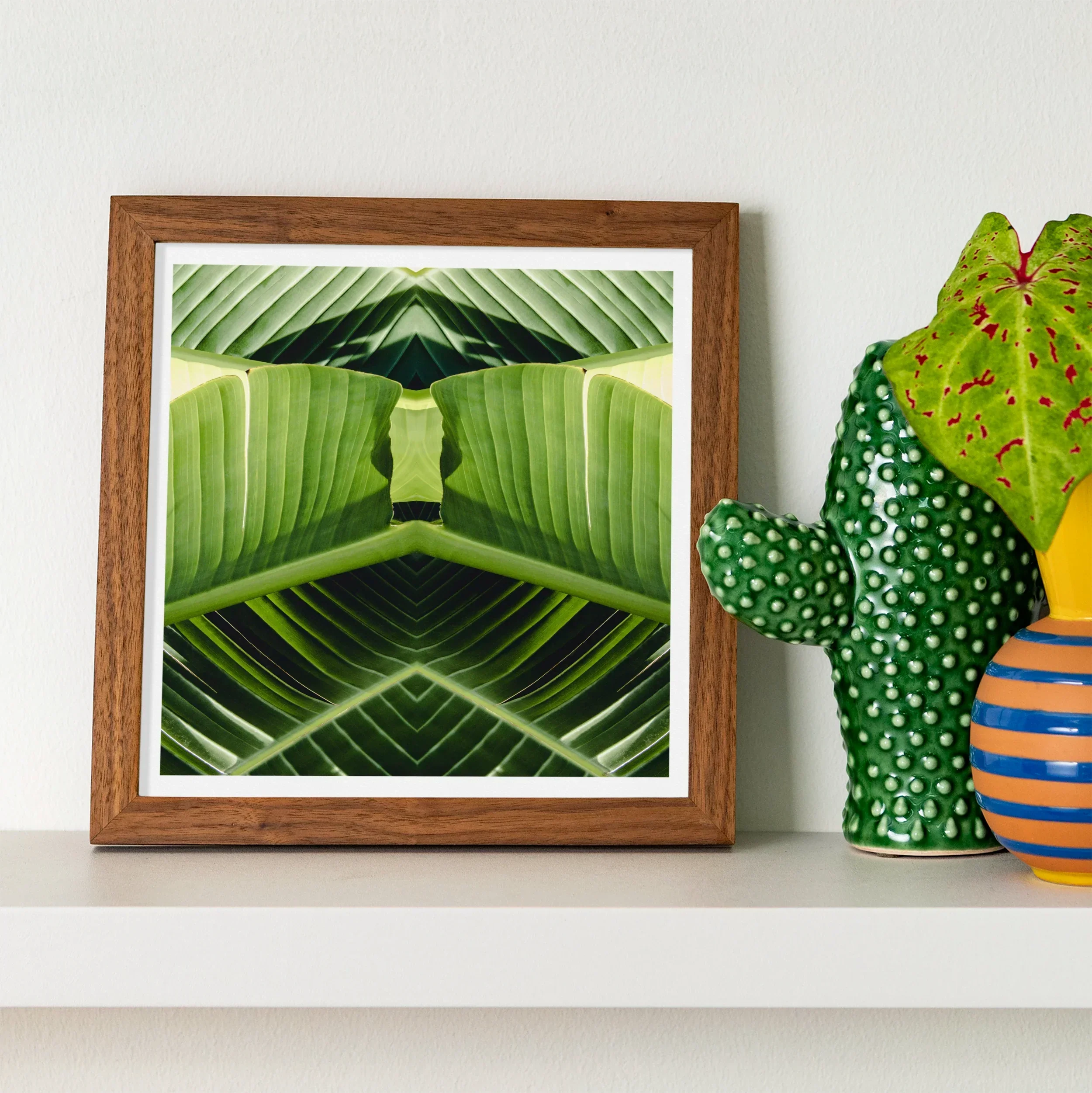Semaphore Palm Frond Botanical Op Art Print, Framed Symmetrical Artwork Mirrored Green Banana Leaves Geometric
