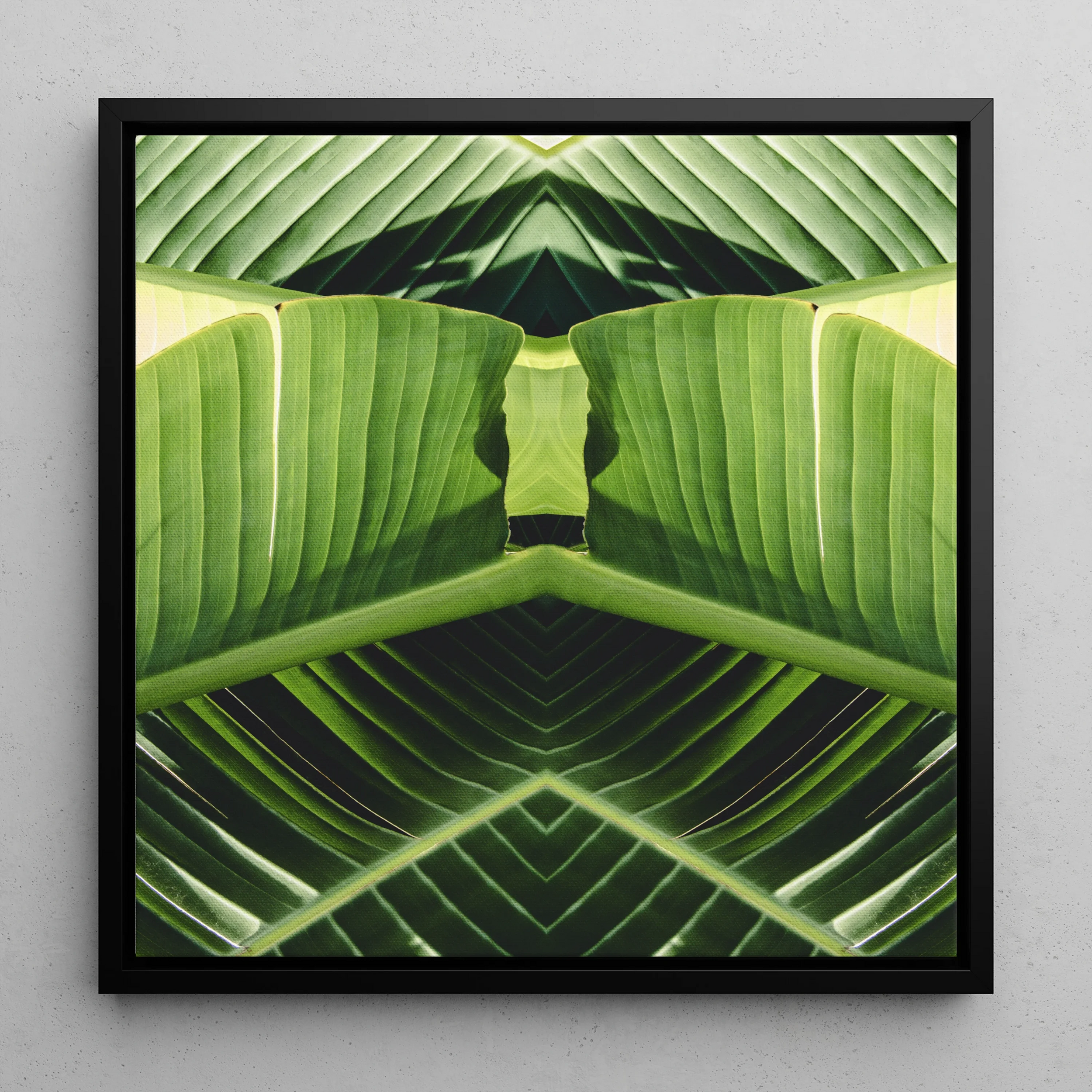 Semaphore - Palm Frond Op Art Framed Canvas, Symmetrical Pattern Green Banana Leaves Geometric Shapes