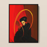 Serafina - Lesbian Witch Art Framed Canvas, 12x16’’ / 31x41cm / Black Floating Frame, Framed Portrait Woman Black Golden Halo