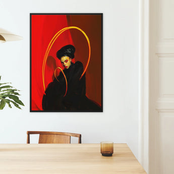 Serafina - Lesbian Witch Art Framed Canvas, Framed Portrait Red Gold Accents