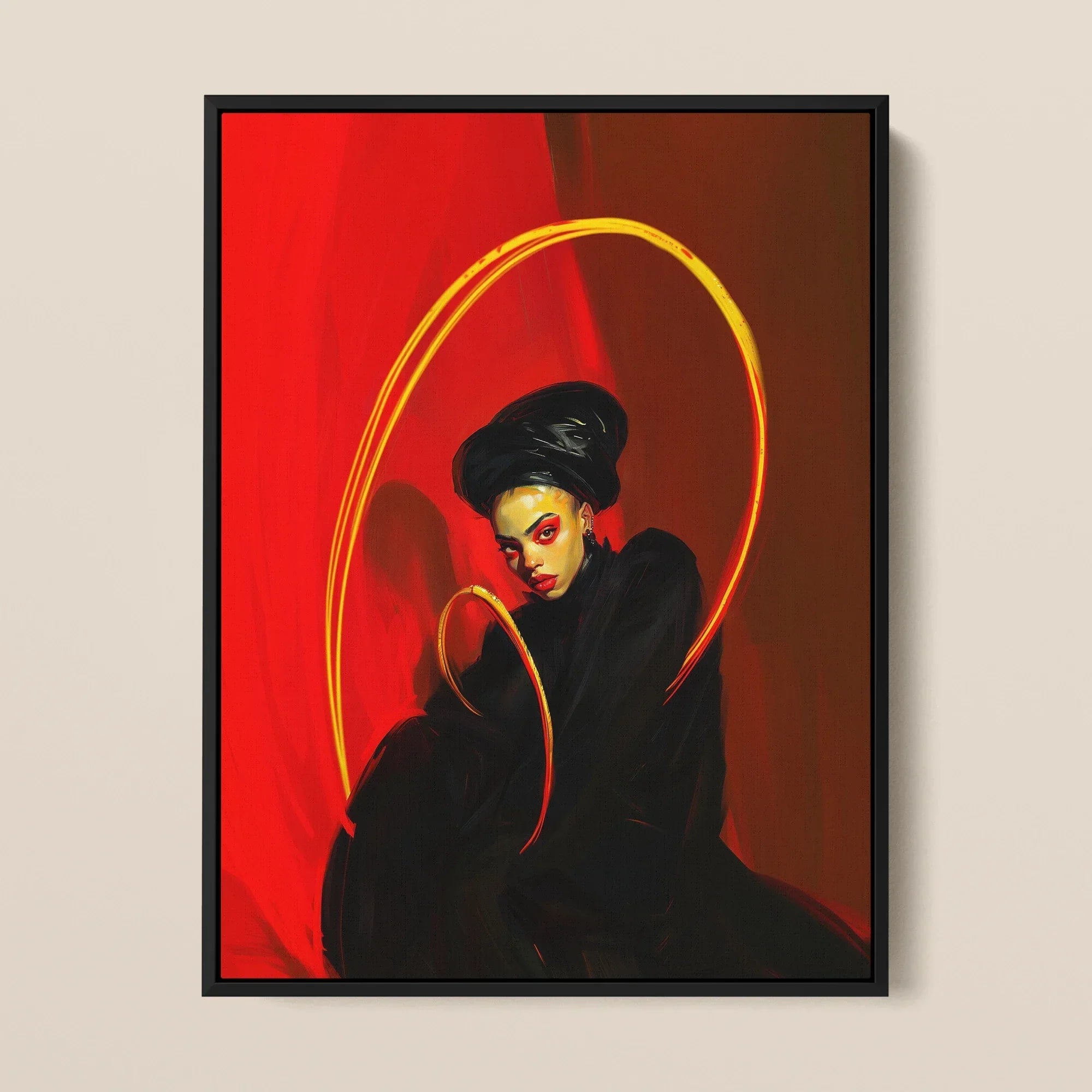 Serafina - Lesbian Witch Art Framed Canvas, Framed Portrait Woman Black Golden Halo