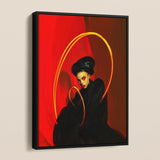 Serafina - Lesbian Witch Art Framed Canvas, Framed Portrait Woman Black Headwrap Dress Red Background