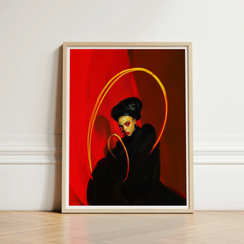 Framed Artwork Stylized Portrait Woman Black Attire Vibrant Lesbian Witch Art, Print