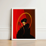 Framed Artwork Stylized Portrait Woman Black Attire Vibrant Lesbian Witch Art, Print