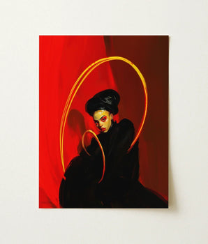 Digital Artwork Figure Black Attire Vibrant Red Background Lesbian Witch Art, Print