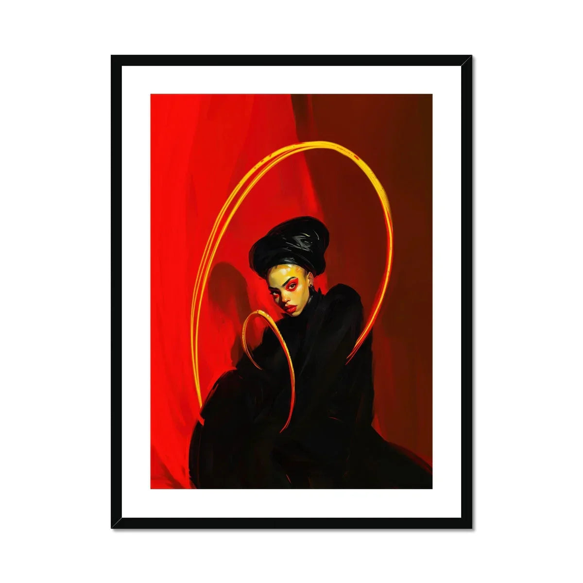 Serafina - Lesbian Witch Art Print, Dramatic Portrait Figure Black Clothing Golden Halo-like Arc