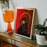 Serafina - Lesbian Witch Art Print, Framed Art Print Figure Black Red Background Golden