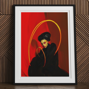 Serafina - Lesbian Witch Art Print, Framed Portrait Figure Black Clothing Dramatic Red Background