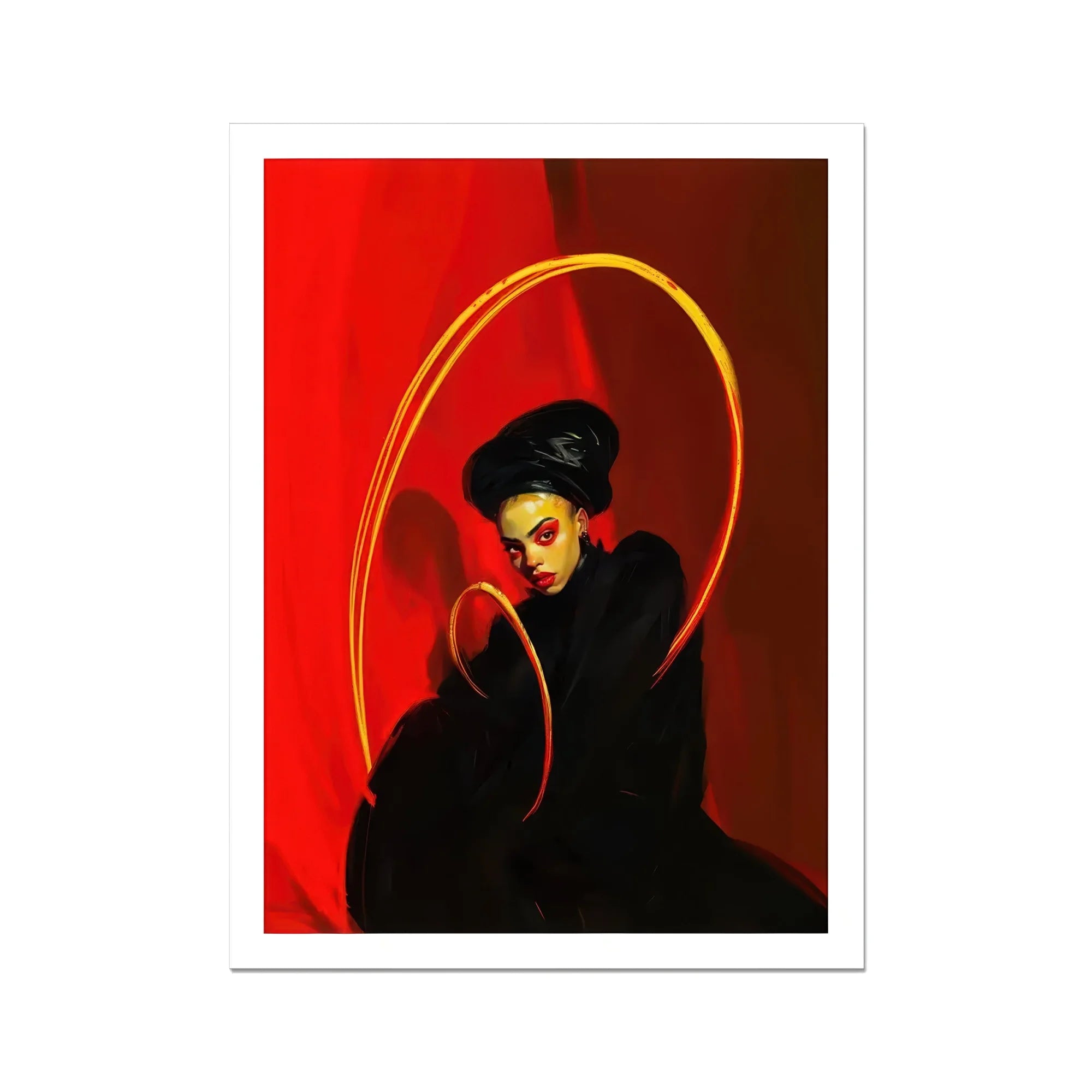 Serafina - Lesbian Witch Art Print, Portrait Person Black Outfit Hat Surrounded Golden Hoop