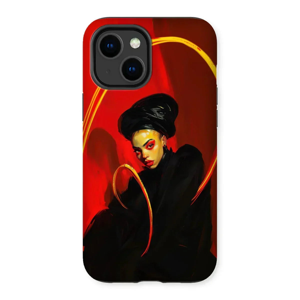 Serafina - Lesbian Witch Iphone Case, 14 Plus / Matte, Stylized Phone Case Dramatic Portrait Red Background Yellow