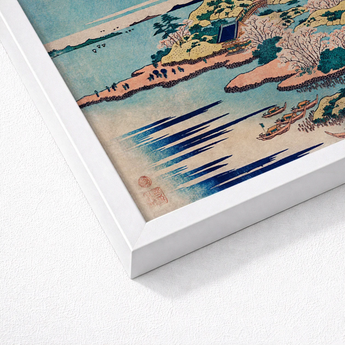 Framed Japanese Woodblock Print Serene Coastal Scene Boats Sesshu Ajigawaguchi Tenposan, Hokusai’s, Glorious Dreamscape