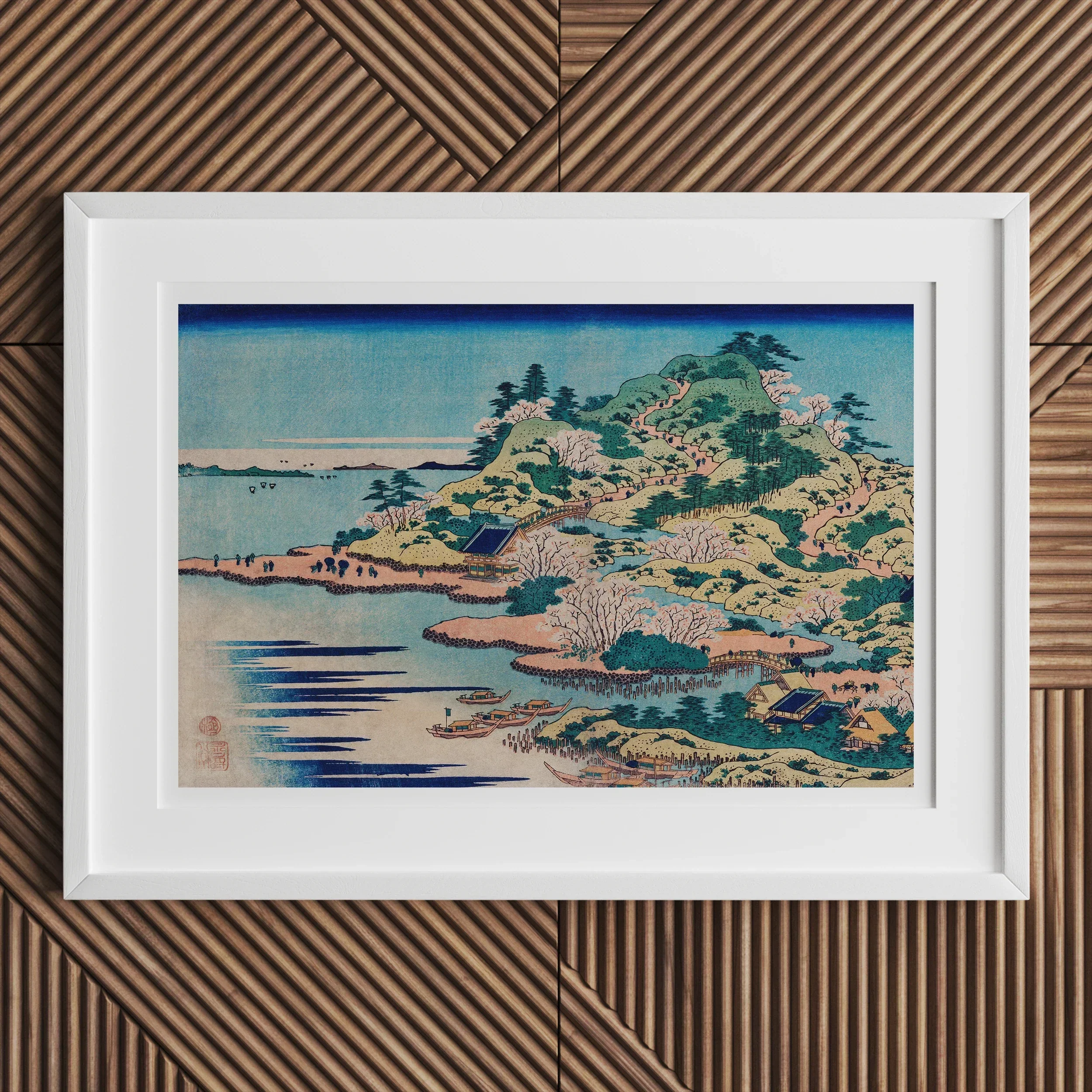 Sesshu Ajigawaguchi Tenposan Hokusai Ukiyo e Art Print, Framed Japanese Woodblock Print Coastal Landscape Cherry Blossoms