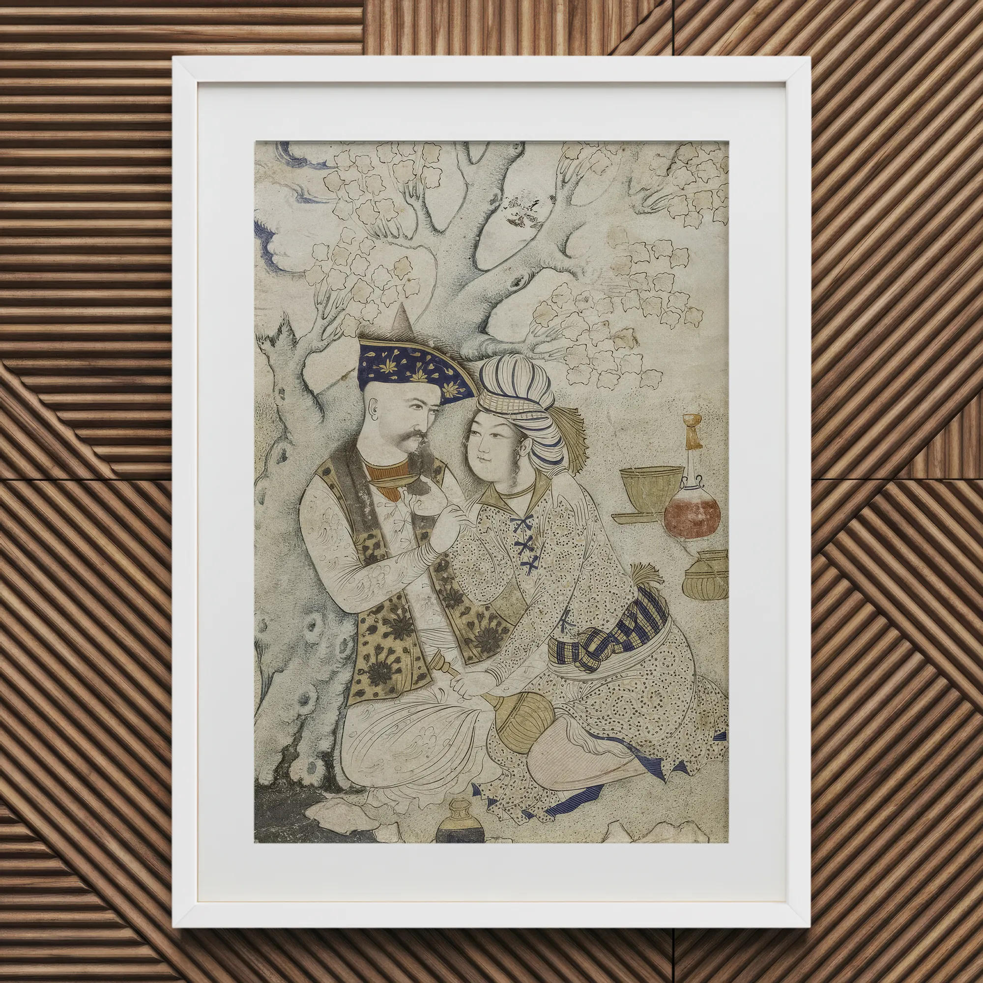 Shah Abbas and His Page - Muhammad Qasim Musavvir Art Print, 20x30’’ / 51x76cm / White Frame / 2’’ Matboard, Framed Persian Miniature