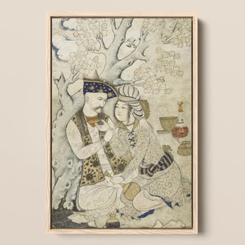 Shah Abbas and His Page - Muhammad Qasim Musavvir Framed Canvas, 12x18’’ / 31x46cm / Natural Floating Frame, Framed Persian Miniature