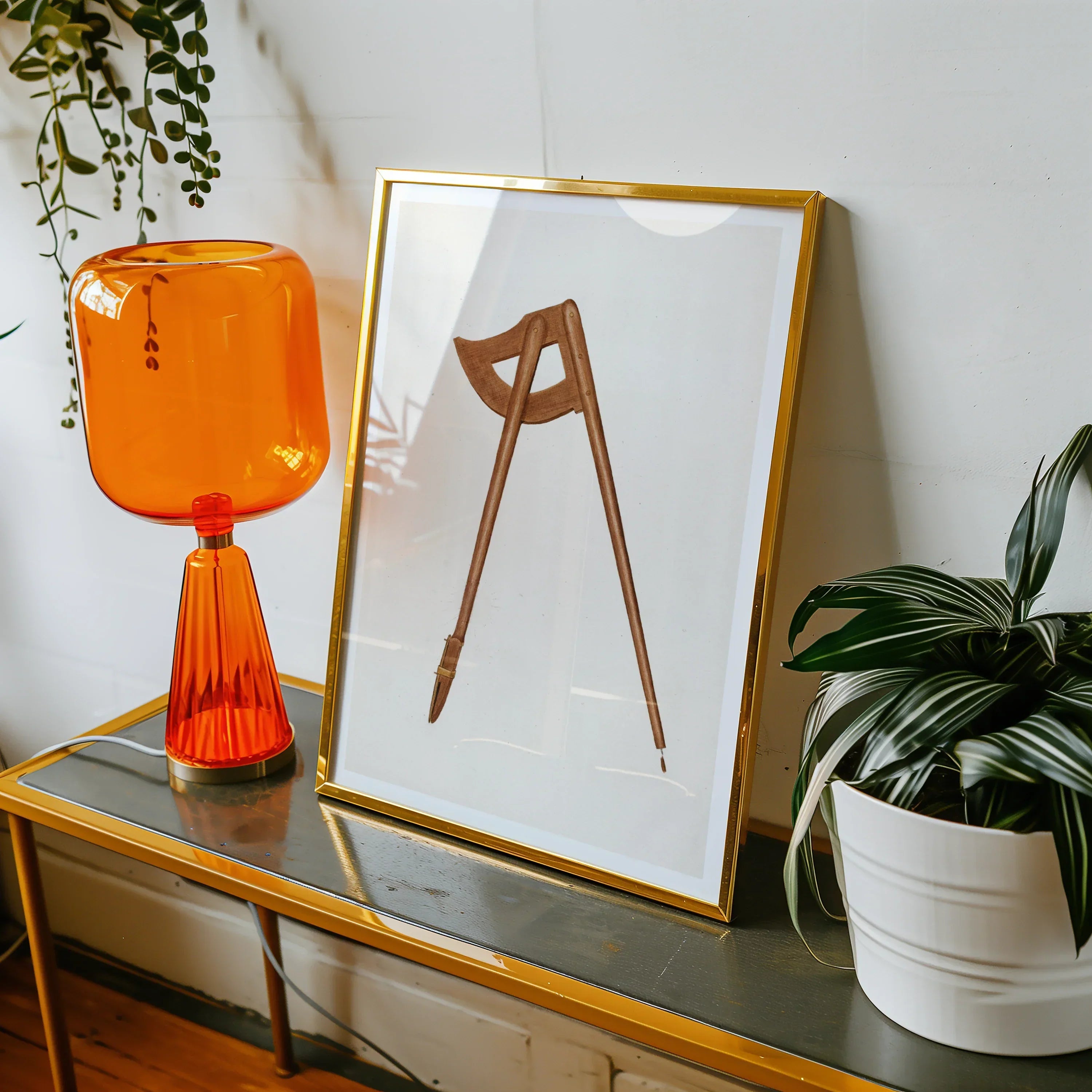 Shaker Compass Richard Barnett Decorative Art Print, Orange Glass Table Lamp Flared Base Cylindrical Shade
