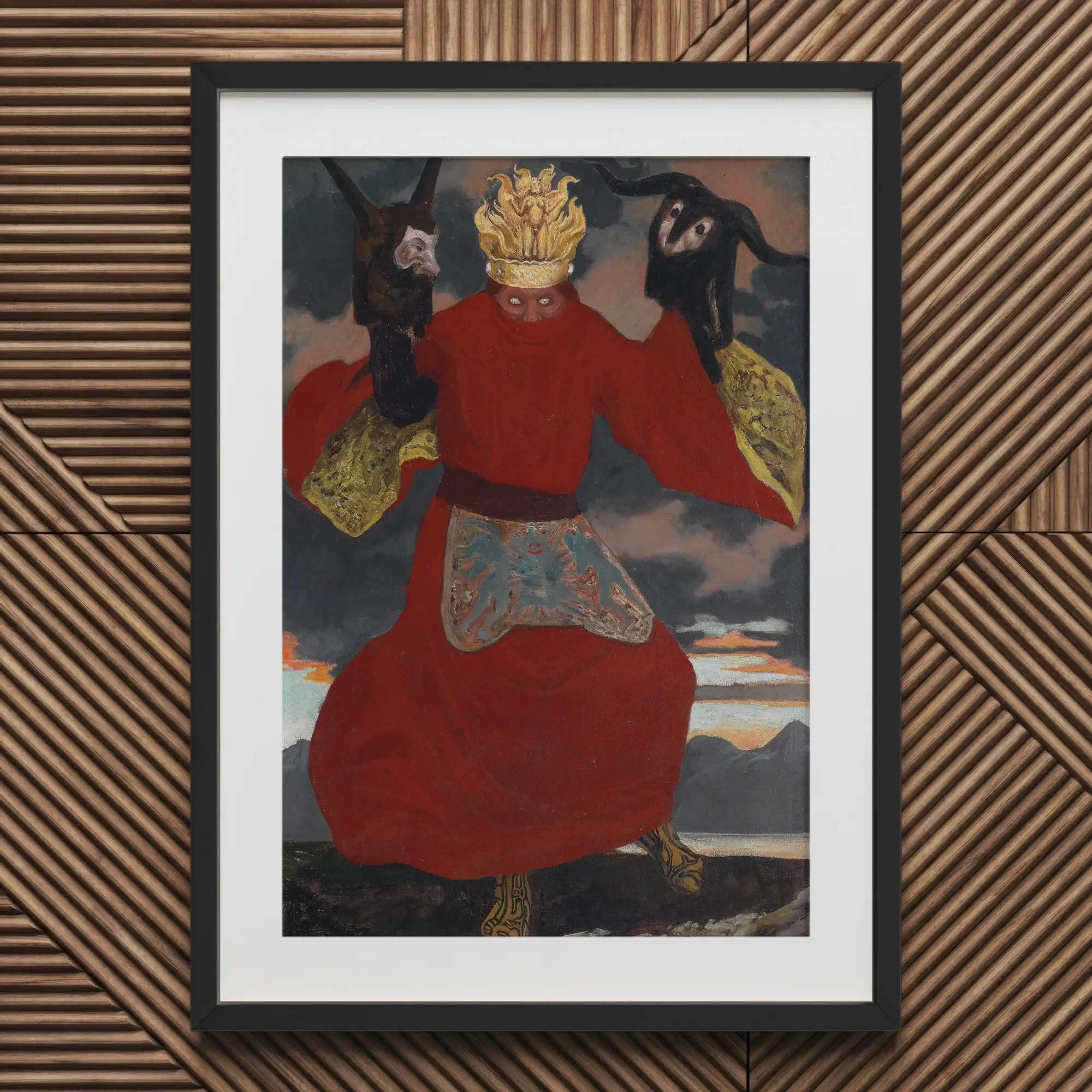 The Shaman - Sascha Schneider Art Print, 20x30’’ / 51x76cm / Black Frame / 2’’ Matboard, Framed Painting Figure Red Robe Two Animal Masks