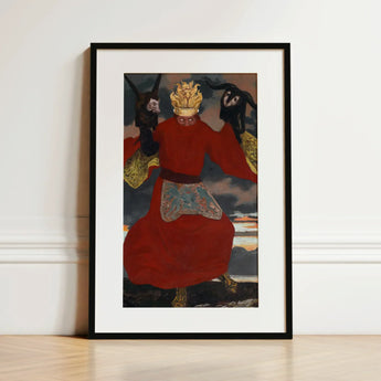 The Shaman - Sascha Schneider Art Print / Canvas Black-framed Vibrant Red Figure Ornate Golden Aureate Flames Sculpting, Embroidered Apron