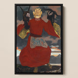 The Shaman - Sascha Schneider Art Print / Canvas Framed Painting Figure Vibrant Red Robe Gold Accents Aureate Flames Sculpting, Embroidered