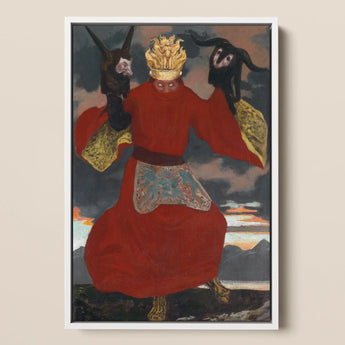 The Shaman - Sascha Schneider Art Print / Canvas Framed Painting Figure Vibrant Red Robe Gold-trimmed Sleeves Aureate Flames Sculpting,