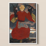 The Shaman - Sascha Schneider Framed Canvas, 12x18’’ / 31x46cm / White Floating Frame, Painting Figure Red Robe Golden Crown Two Animal